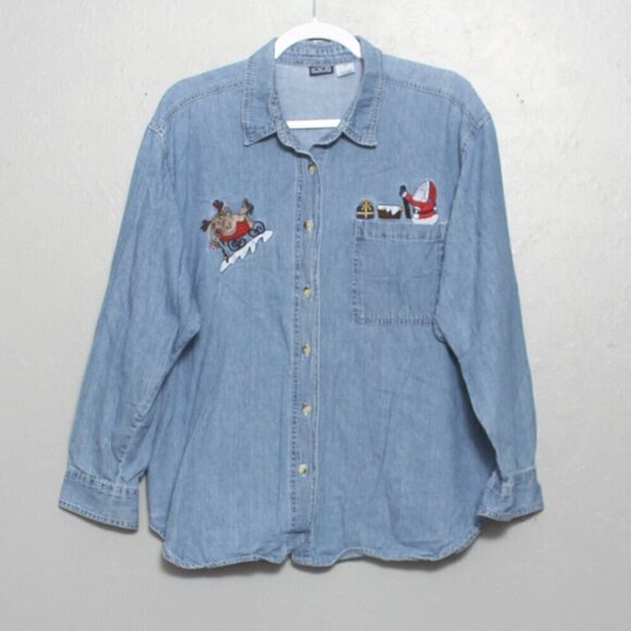 Vintage Tops - Vintage honors denim Santa embroidered  button up long sleeve shirt
